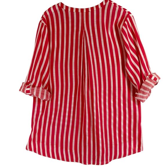 stripped red& white  blouse top V-neck chest pockets  3/4 sleeve size large - Picture 4 of 12